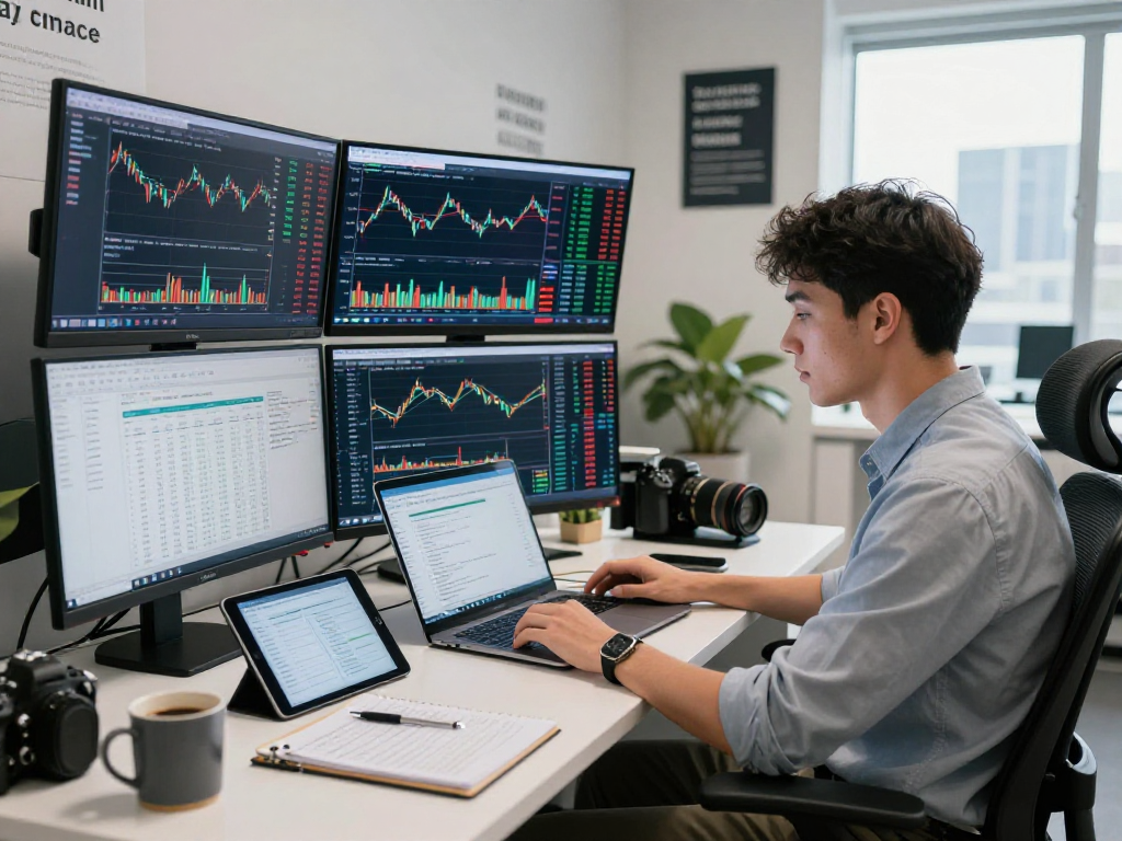 Focused analyst using a US stock real-time API at a modern office, analyzing market data on screens.