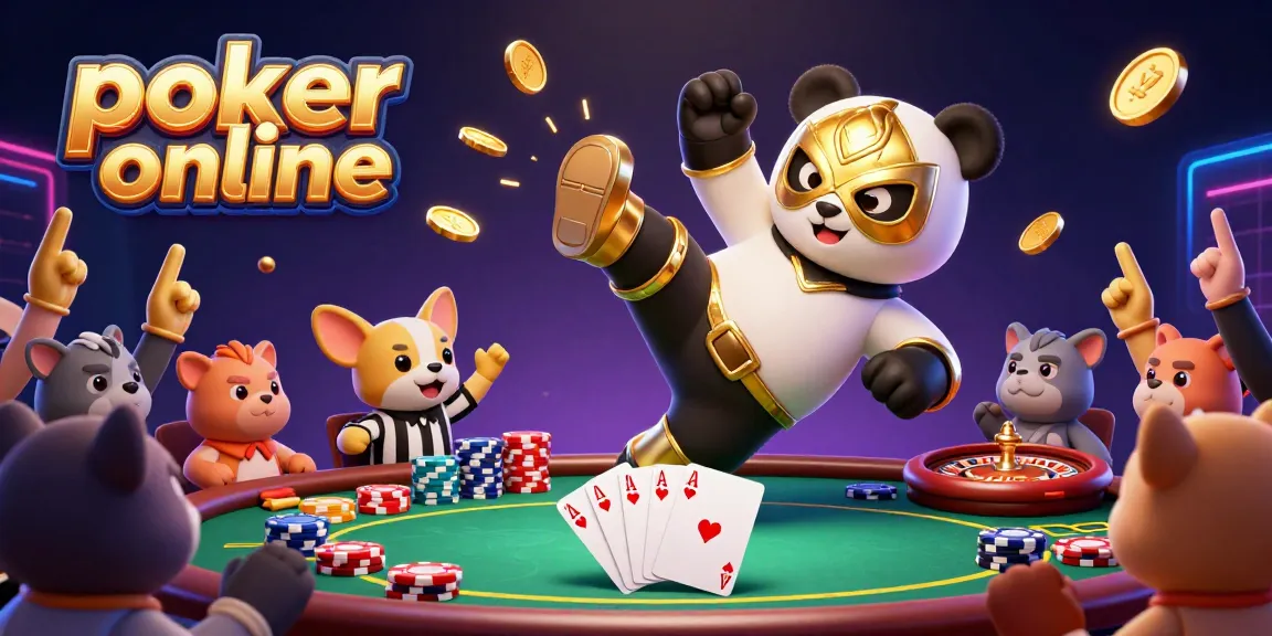 Jouer au poker en ligne avec une ambiance animée et des personnages amusants tels qu'un panda et un chihuahua.