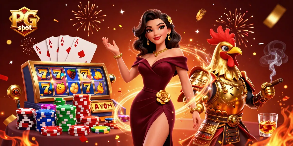 Spin the reels of PG slot as a glamorous woman and a golden rooster warrior celebrate winning in a vibrant casino