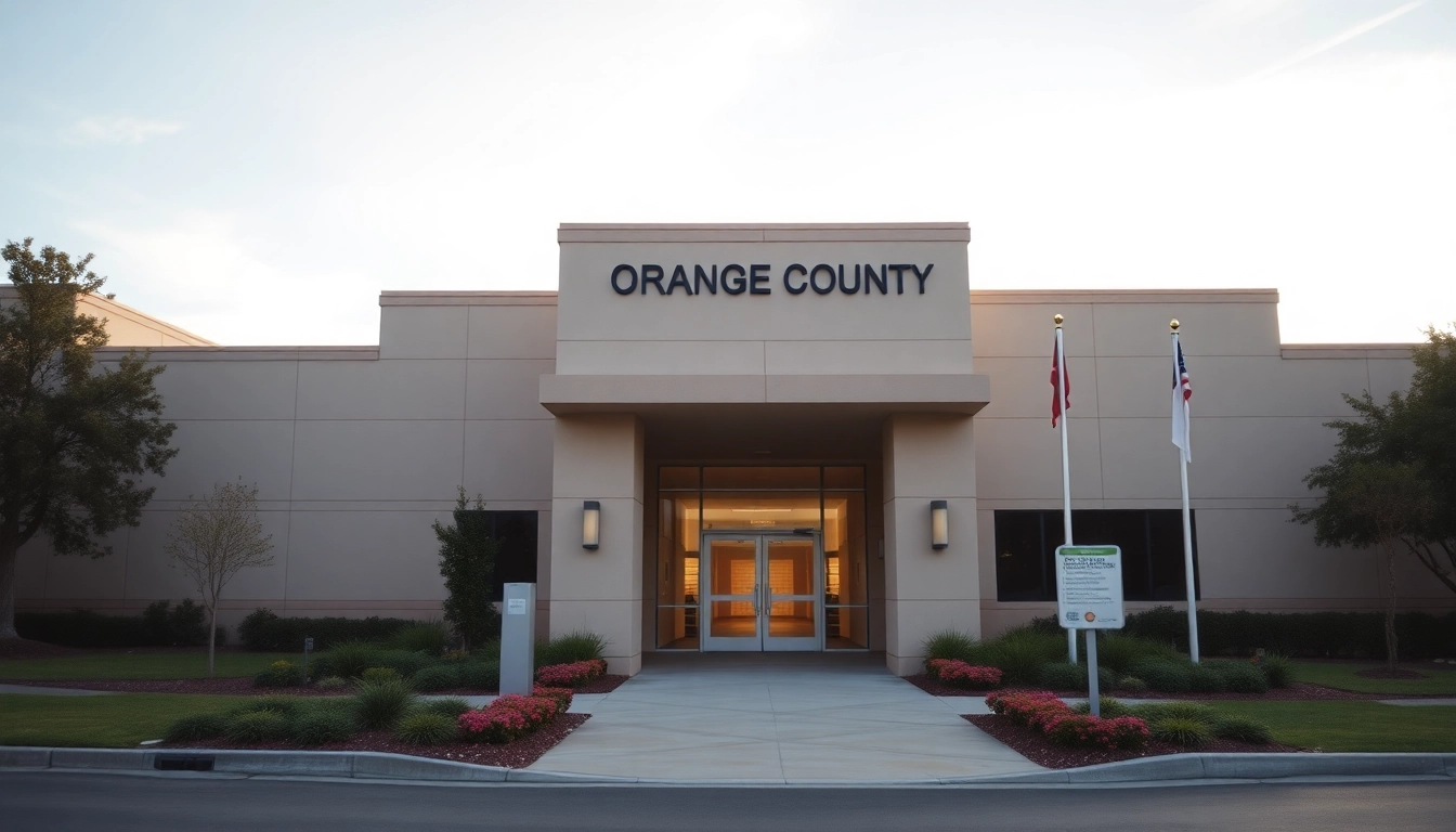 Engaging Orange County Inmate search image featuring the jail's entrance surrounded by greenery.