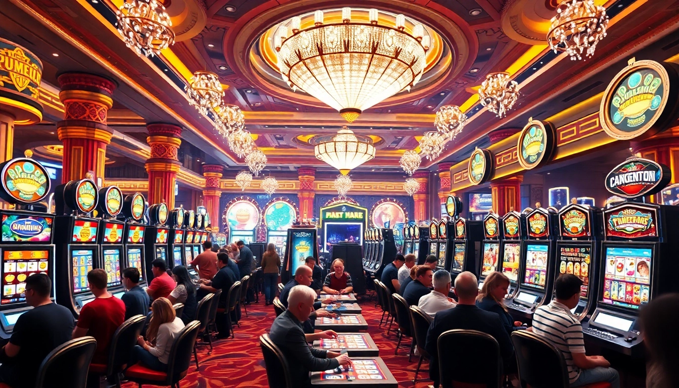 Engaging scene of Non gamstop Casino Uk with players enjoying slot machines and card tables.