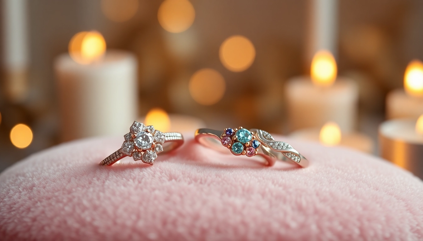 Showcase of promise rings featuring intricate designs and shimmering gems.