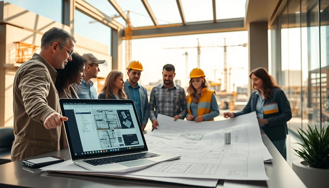 Showcasing construction design services with a collaborative team working on blueprints in a bright, modern setting.