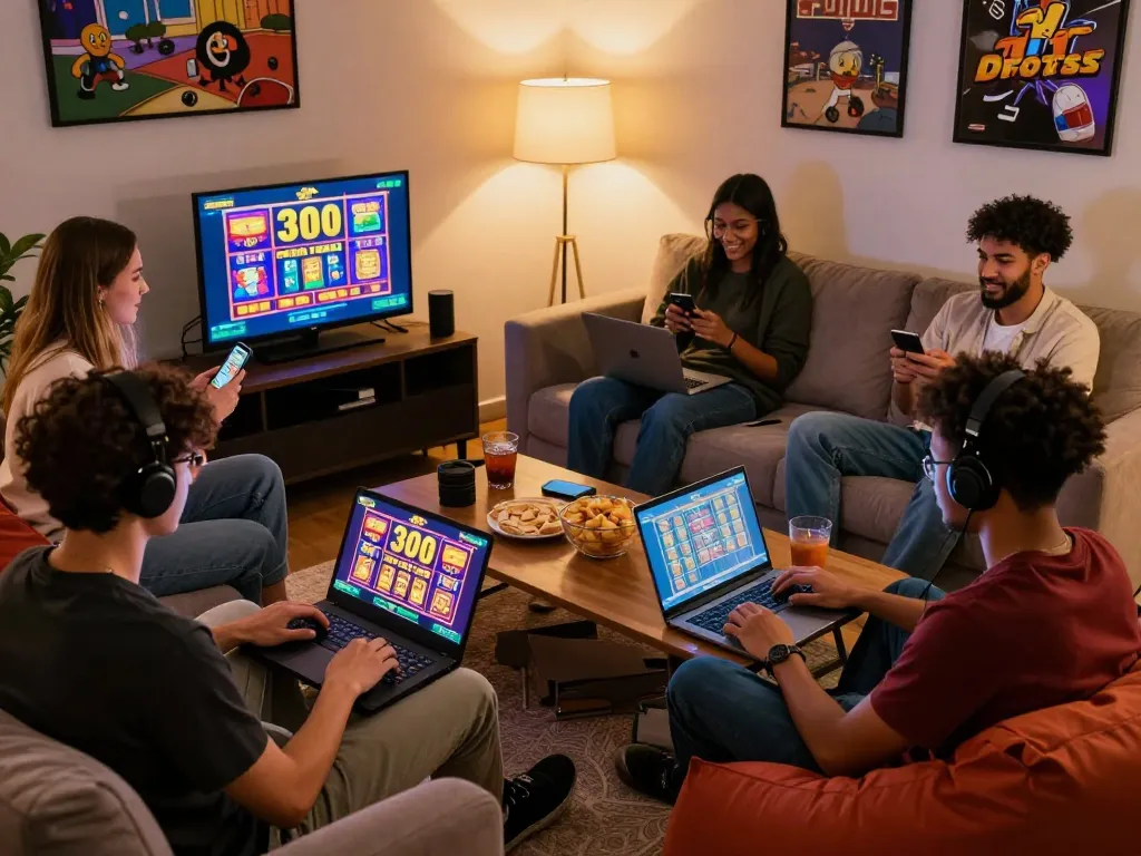 Group enjoying slot bet 300 online gaming with vibrant screens and cozy atmosphere.