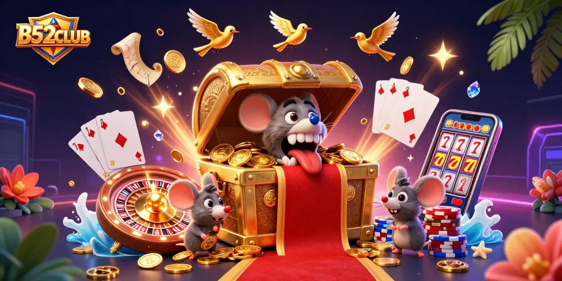 Spin and win at B52CLUB with adventure-filled treasures, cascading coins, and vibrant game elements.
