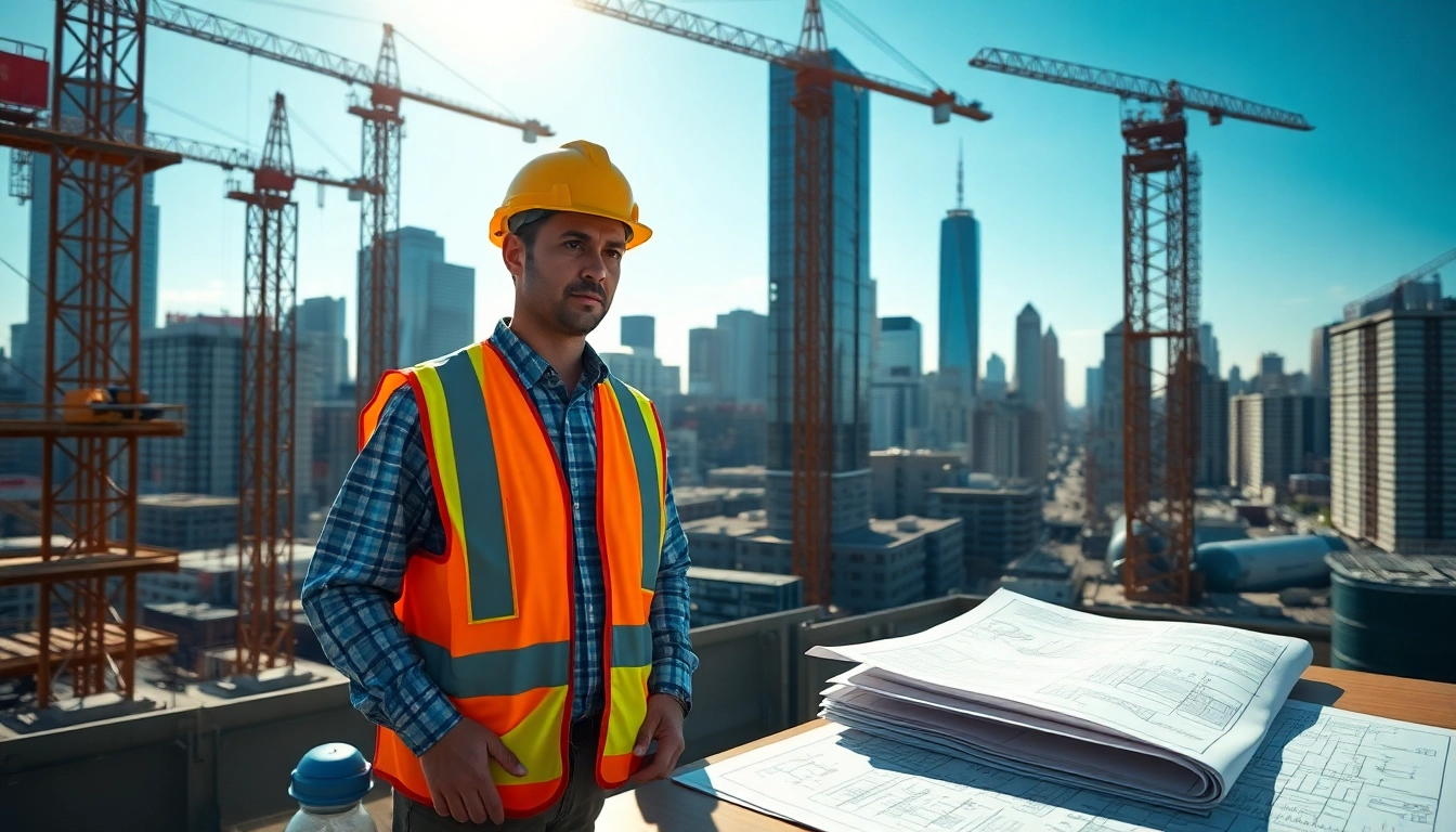 A New York Construction Manager leading a team at a bustling construction site.