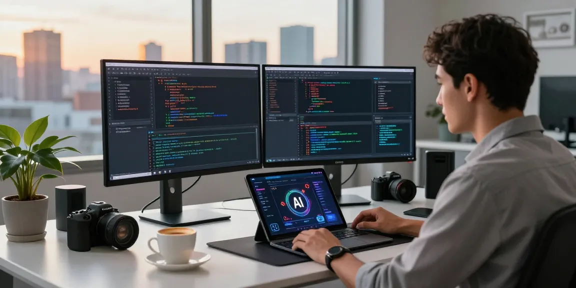 Dynamic tech workspace showcasing spicy AI development with screens and gadgets in a professional environment.