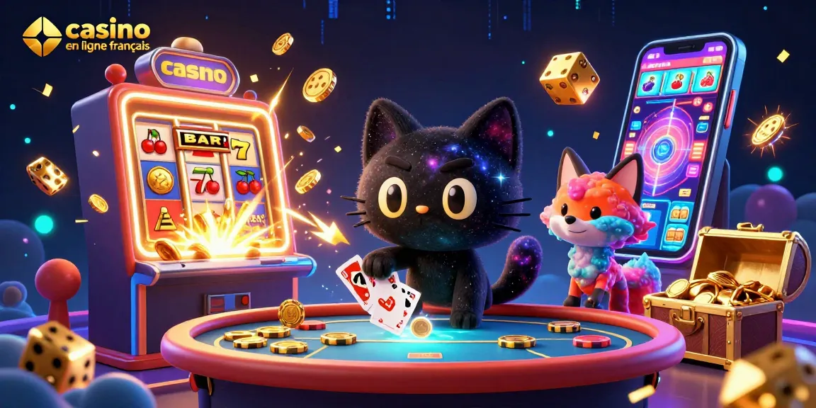 Découvrez le casino en ligne français avec un chat noir en gravité et un renard nébuleux dans une illustration 3D.