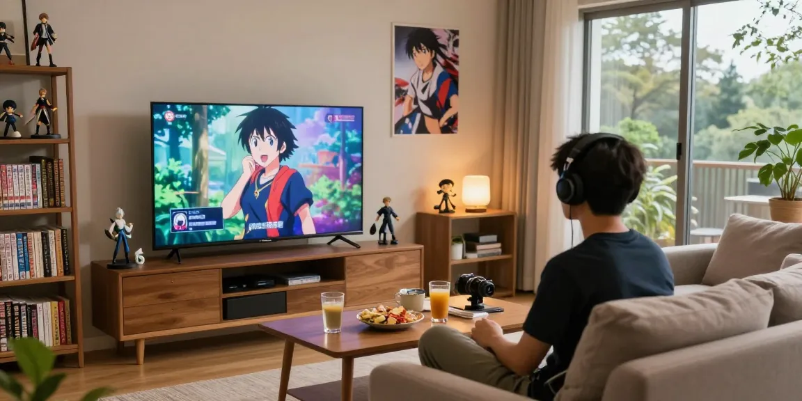 Momen menonton anime di rumah dengan animeplay, headset dan koleksi merchandise di sekelilingnya.