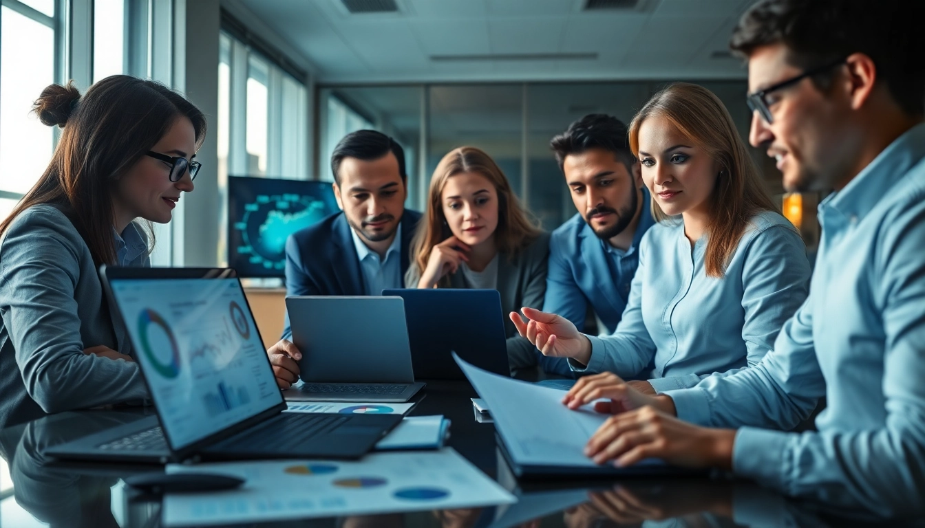 Analyze data for competitive intelligence using AI with professionals in a modern office.