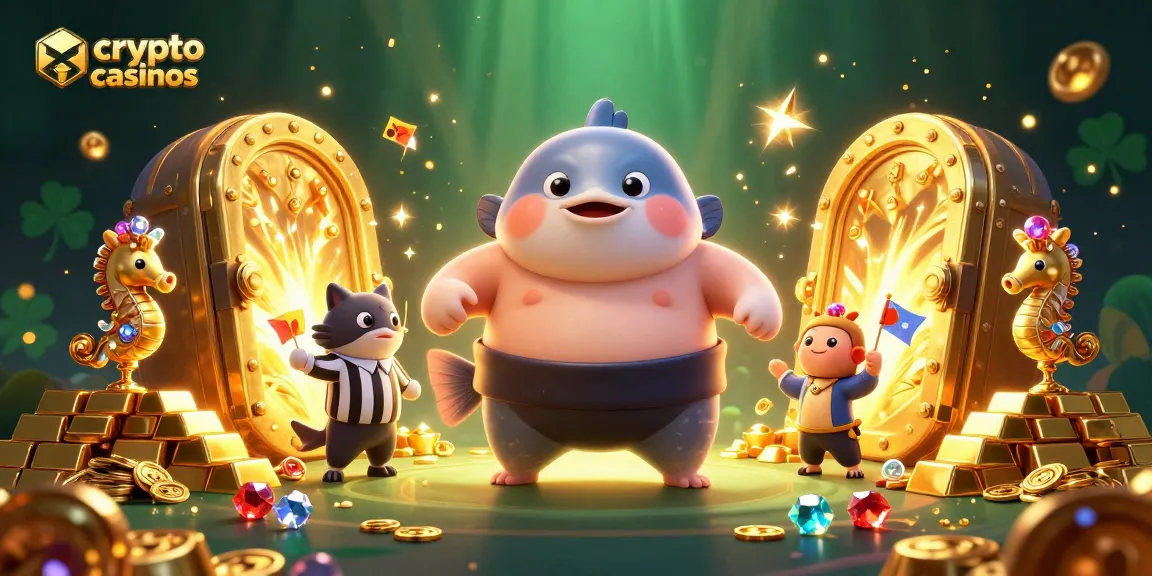 Illustration dynamique de fugu dans un casino crypto avec des trésors scintillants.