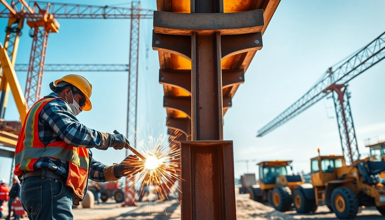 Expert welders conducting structural steel welding on-site, showcasing dynamic construction efforts.