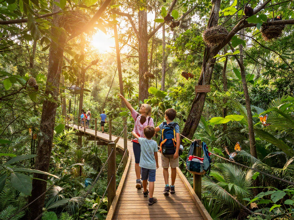 Treetop Walkway family adventure exploring lush forest canopy during golden hour.