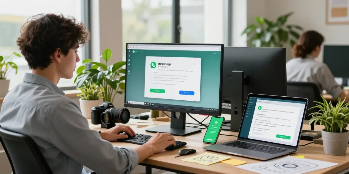 Professional workspace showcasing WhatsApp下載 setup, dual monitors with interface and notifications.