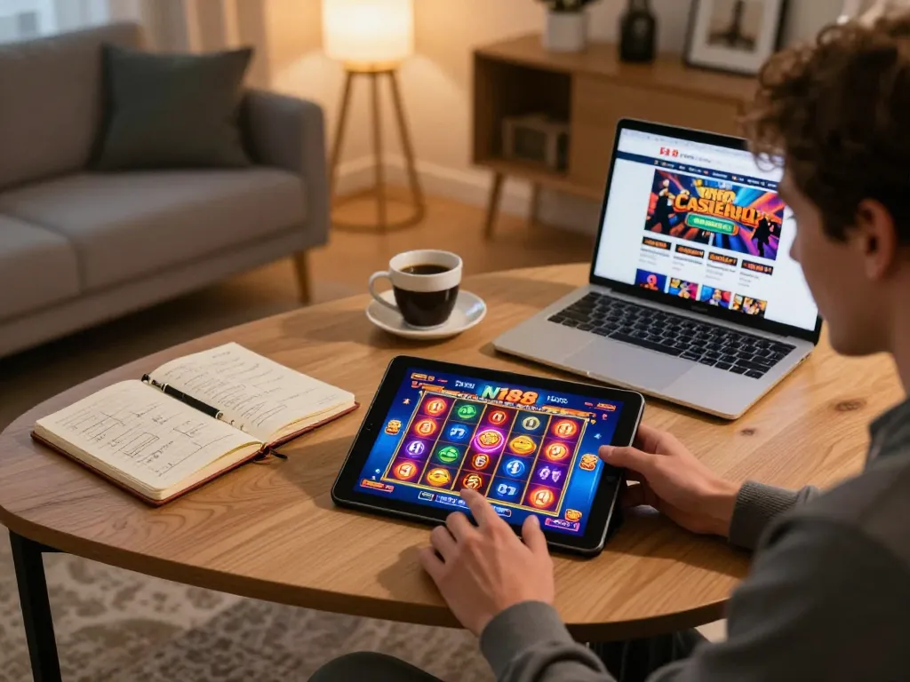Engaging with N188 game on a tablet, featuring dynamic slot visuals and a cozy gaming atmosphere.