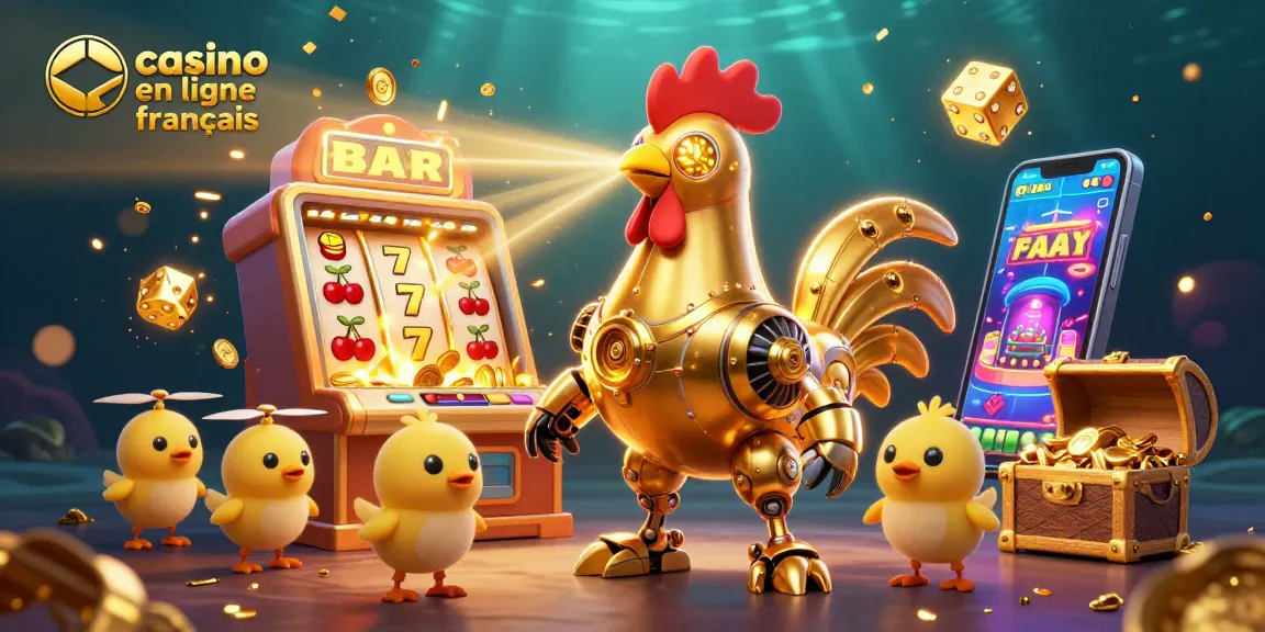 Illustration de l'interface des casinos en ligne français avec un robot doré, des drones et des machines à sous.