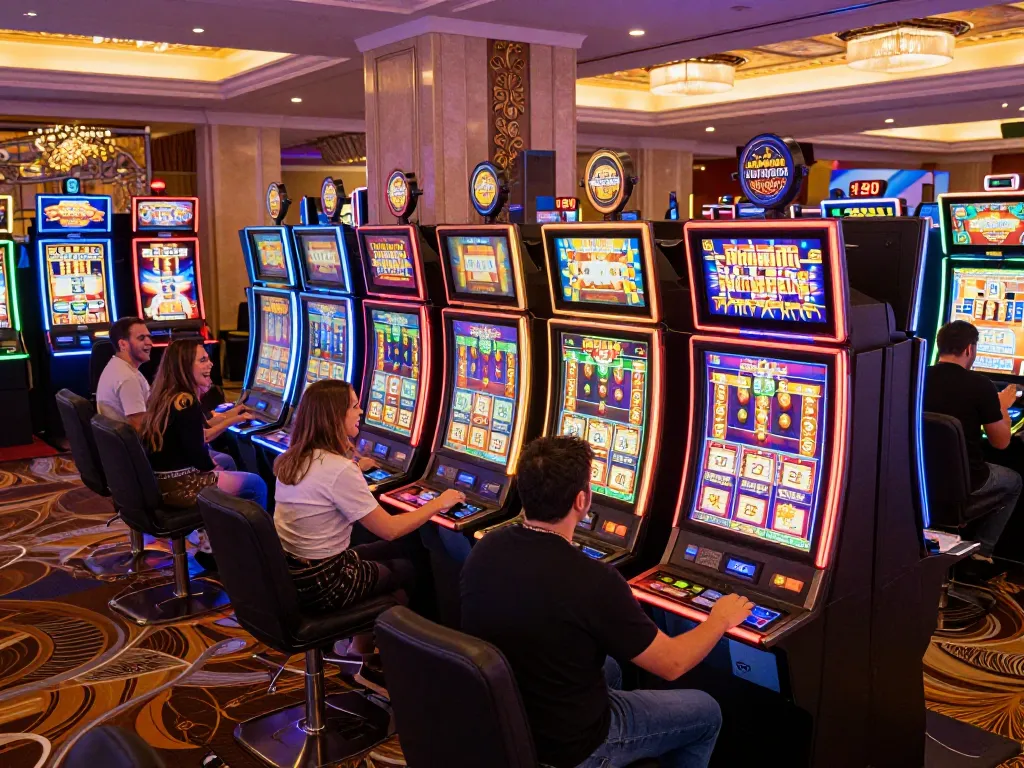 Players enjoying thrilling slot games at vibrant slot777 casino area, celebrating wins and engaging excitement
