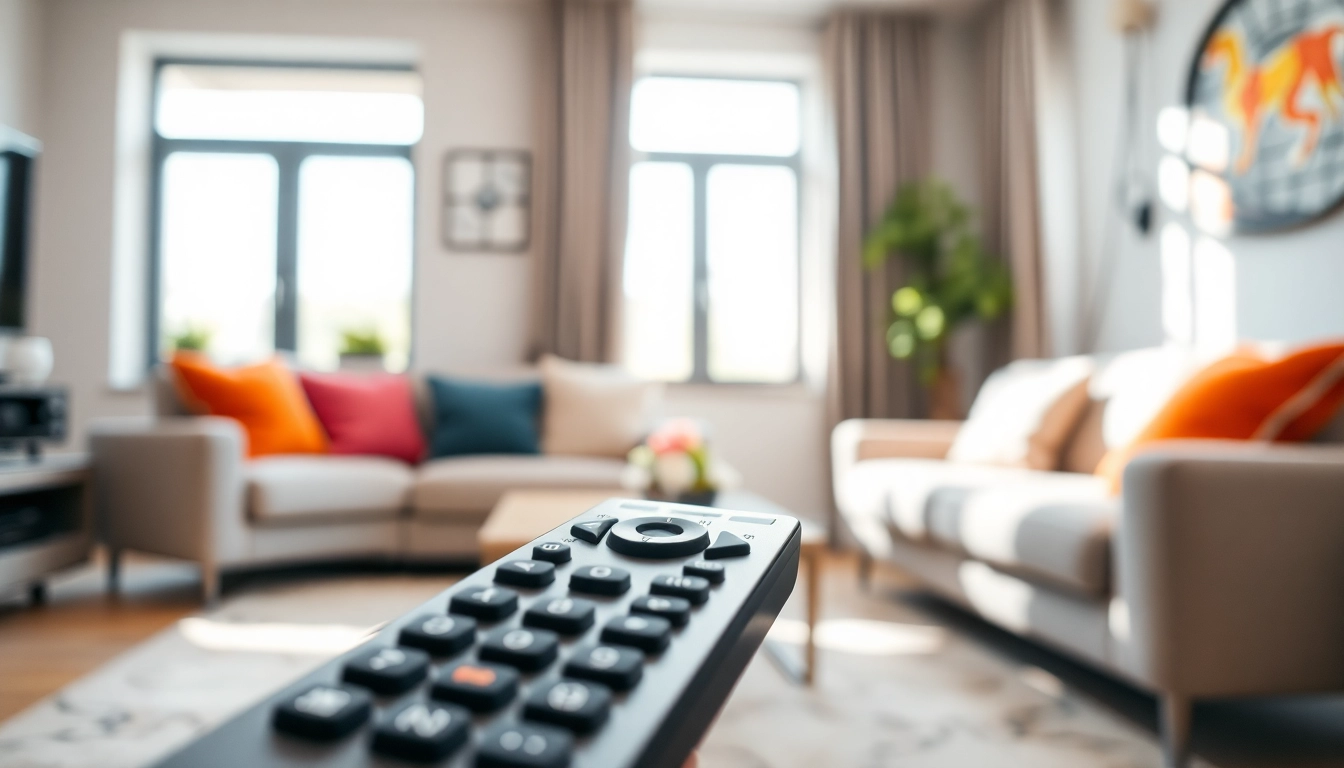 Bedienen Sie die Original Fernbedienung Grundig in einem modernen Wohnzimmer mit elegantem Design.