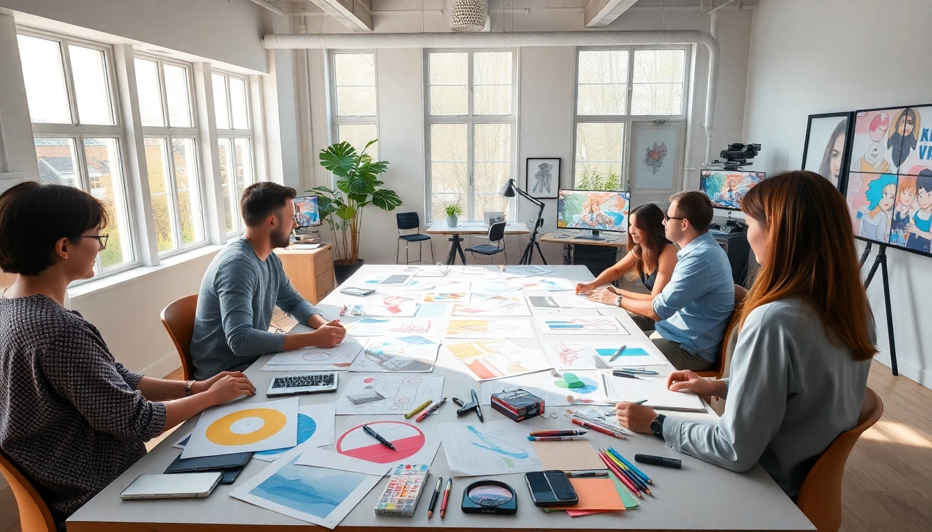 Animation Studio Berlin team collaborating on vibrant animation projects in a bright workspace.