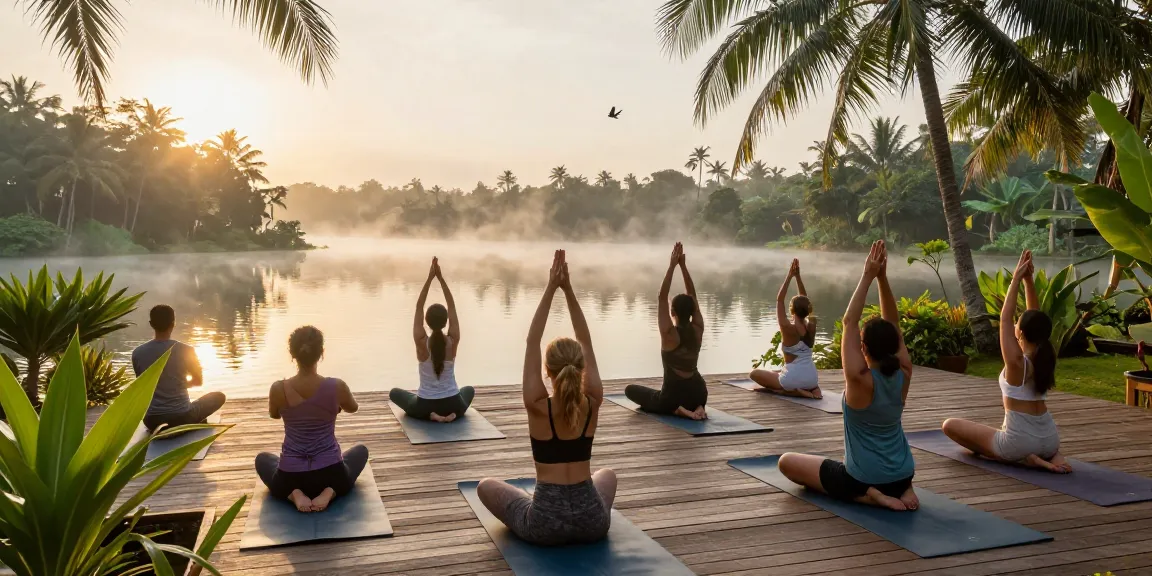 Yoga practice at a serene retreat on the Sri Lankan south coast by Koggala Lake.
