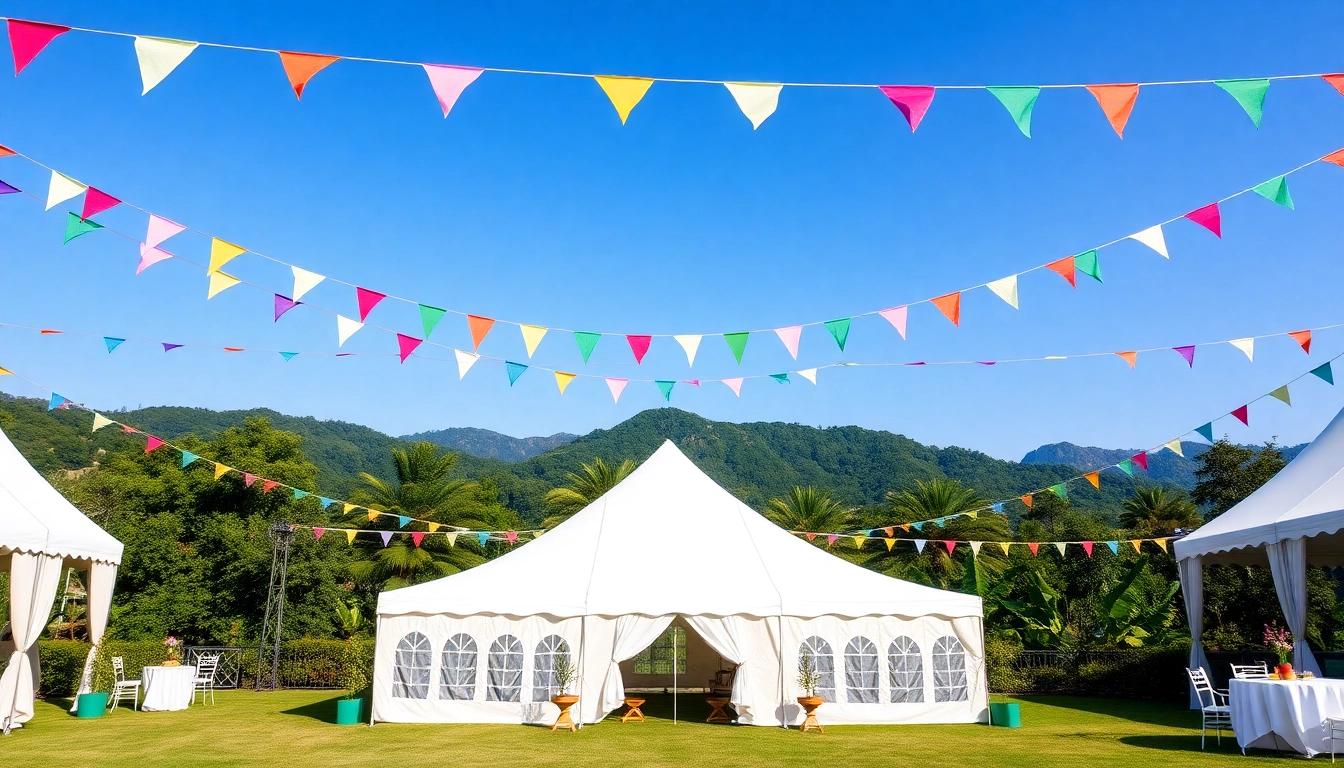 Customers enjoying tent rentals during a sunny outdoor event with colorful decorations and chairs.