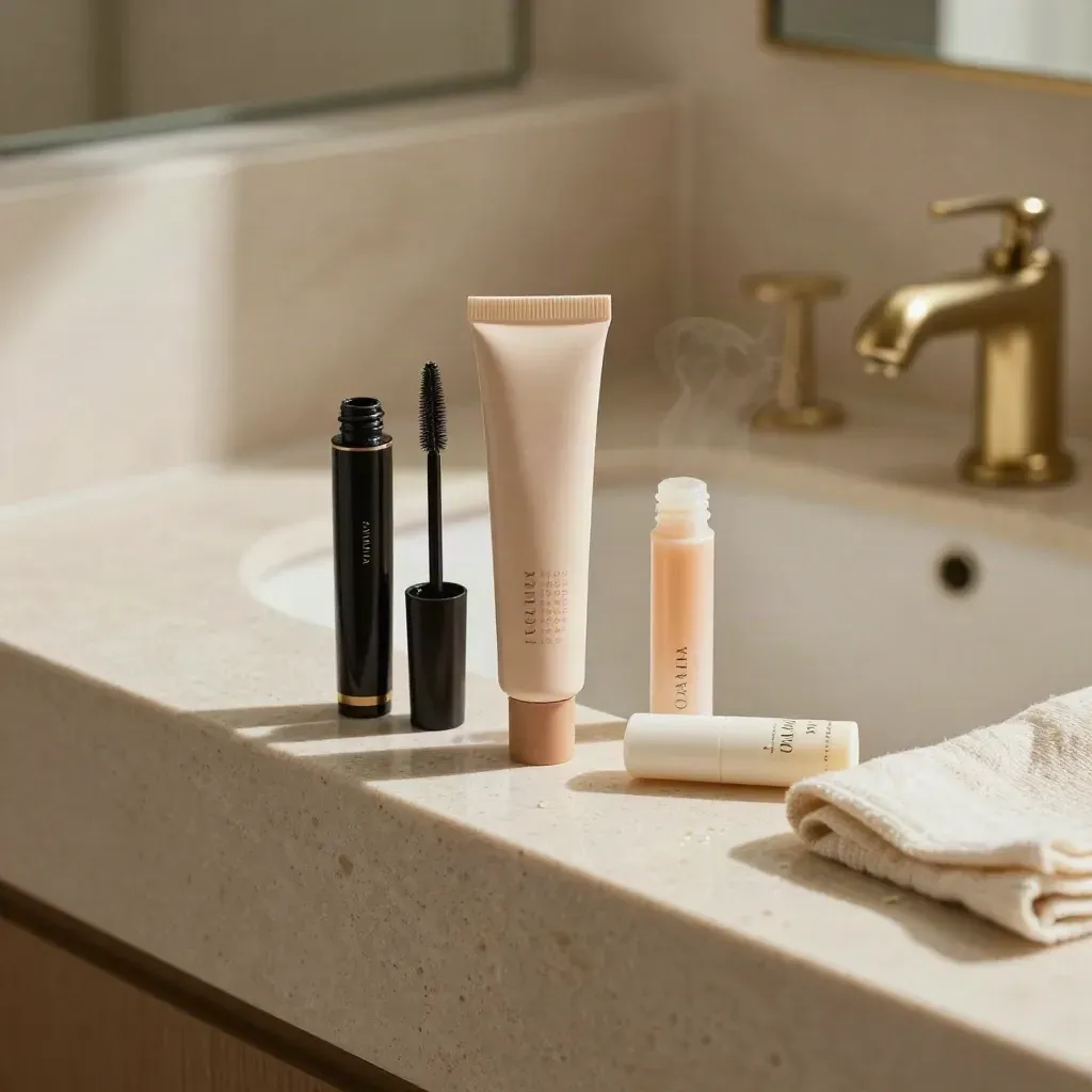 Beauty kit on a travertine sink ledge with warm steam and brass accents.