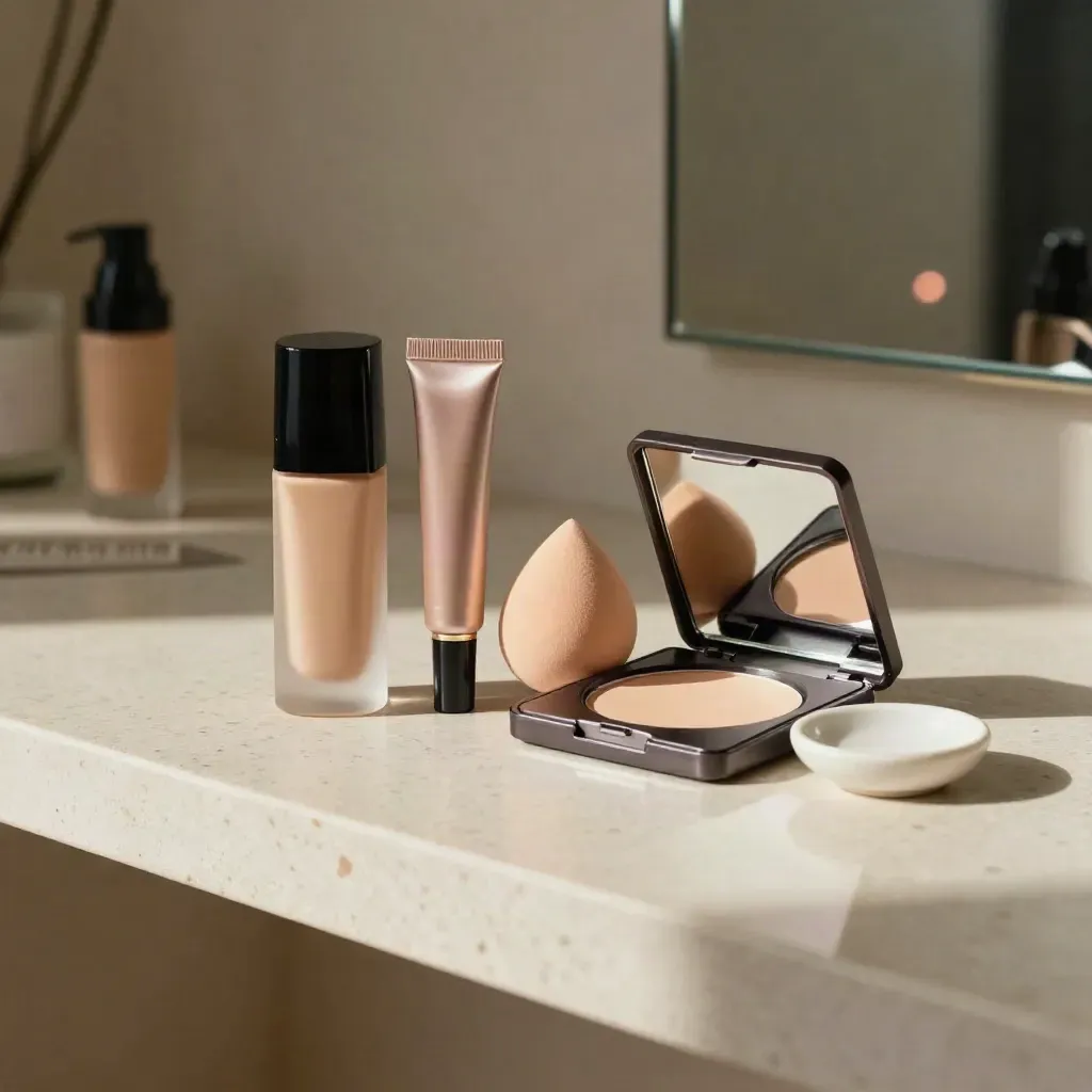 Foundation, concealer, sponge, compact, and dish on a travertine vanity