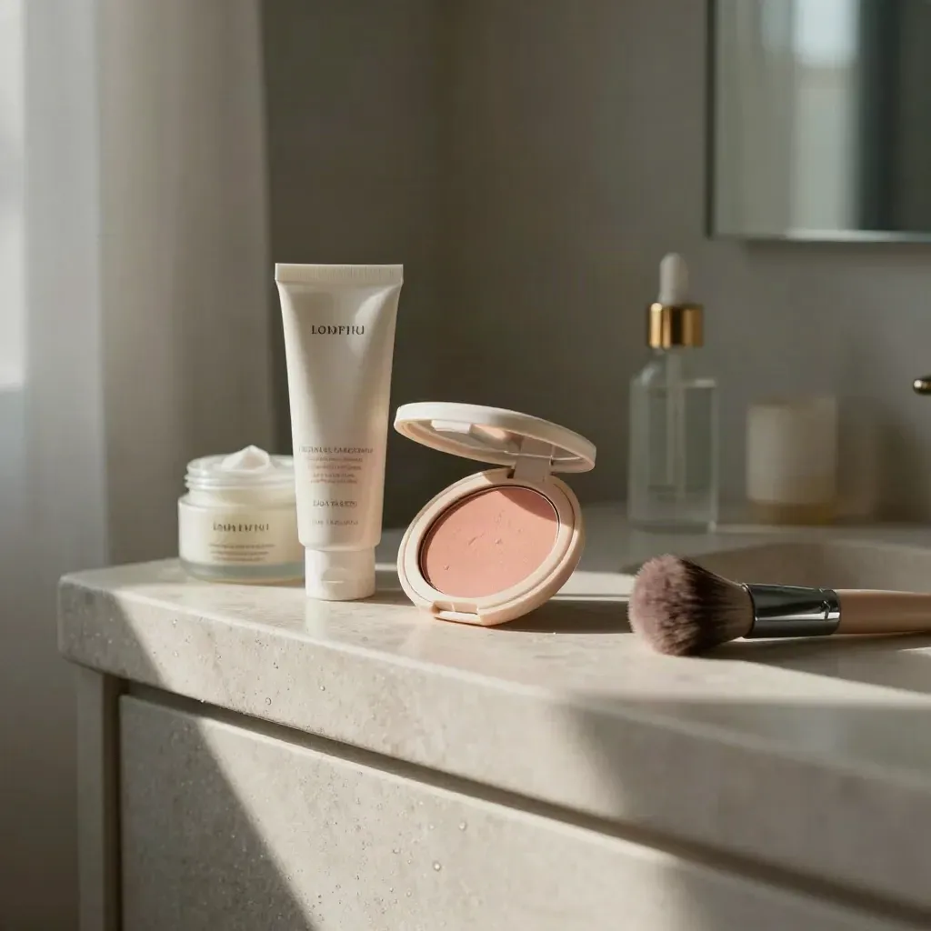 Cream blush and skincare essentials on a rain-damp stone vanity in morning light.