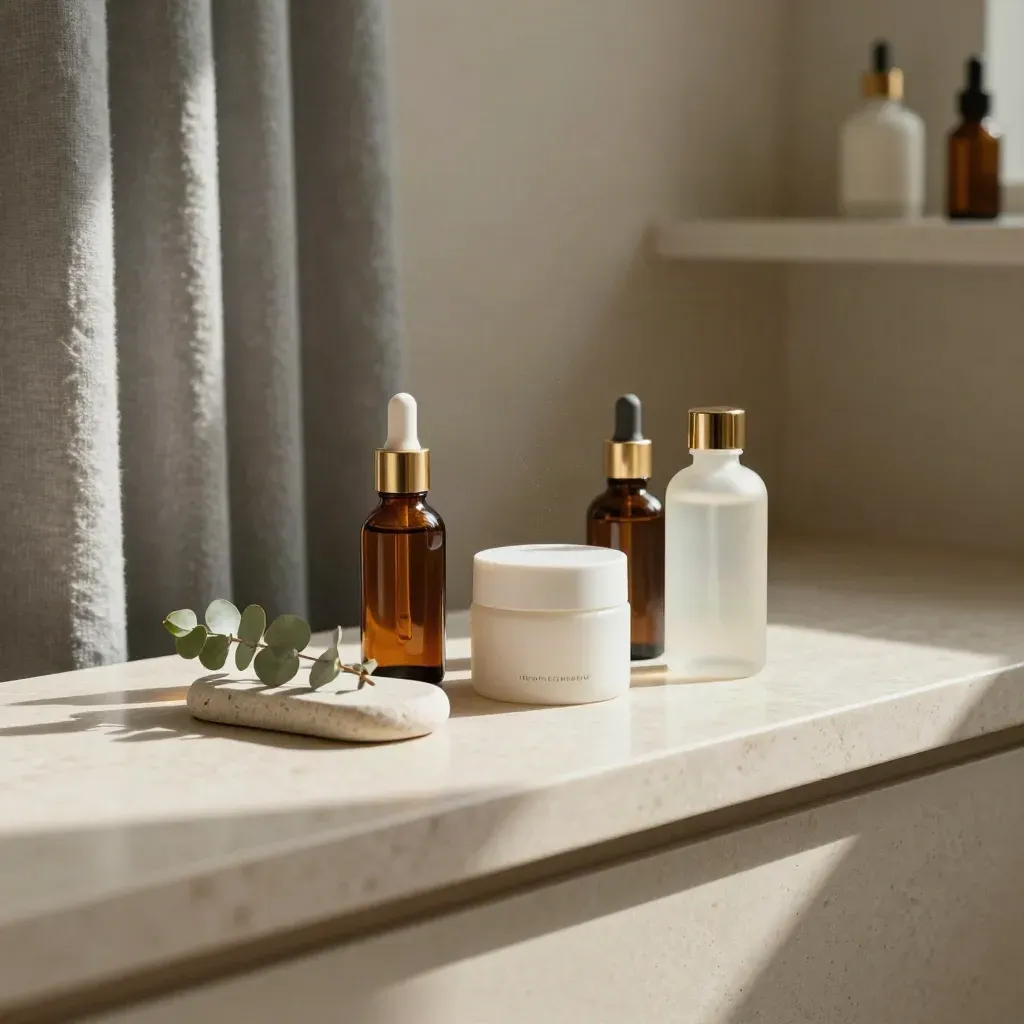 Skincare serum, cream, and vitamin C bottle on a sunlit stone counter with eucalyptus.