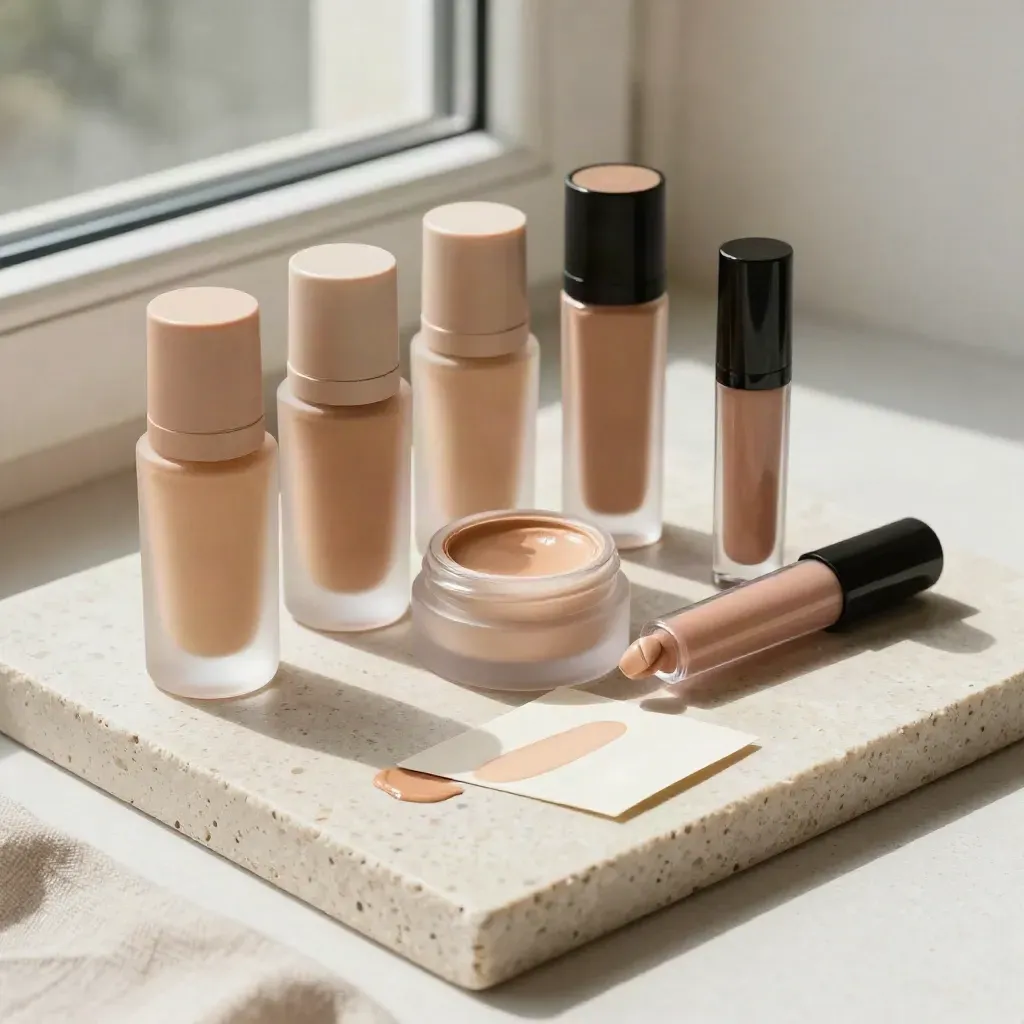 Top-down beauty still life with foundation shades, blush, lip tint, and a turned swatch card.