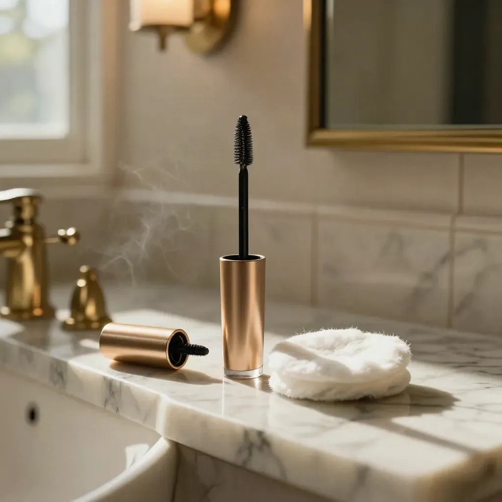 Lash serum vial, wand, and cotton pad on a marble bath shelf beside a softly lit mirror.