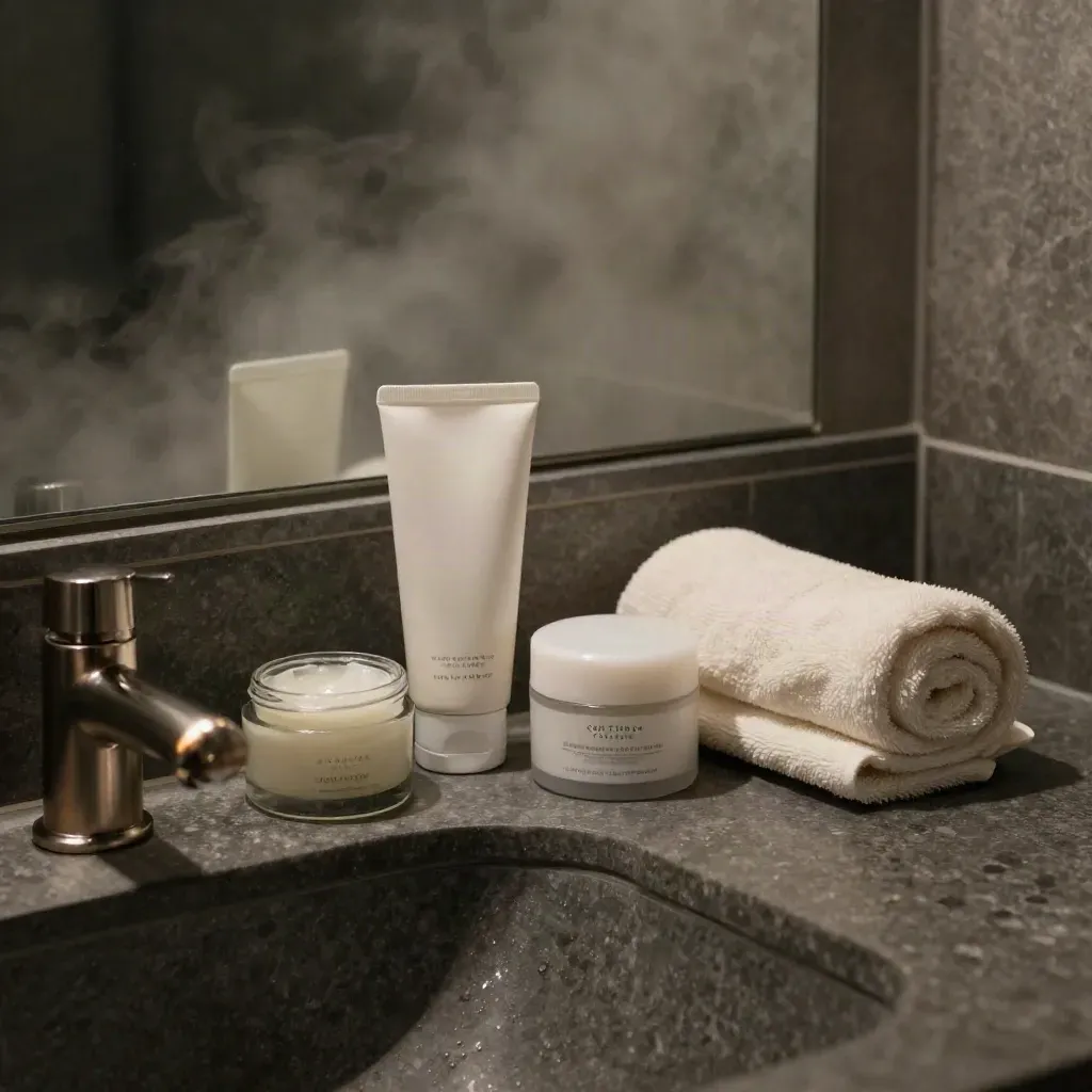 Bathroom skincare lineup on a dark stone ledge beside a fogged mirror at night.