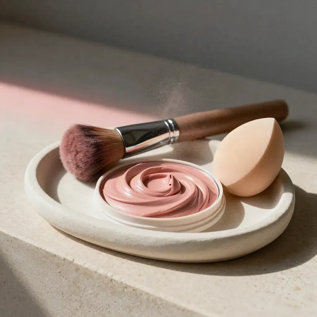 Cream blush pot with swirl, brush, and sponge on a plaster tray in soft daylight.