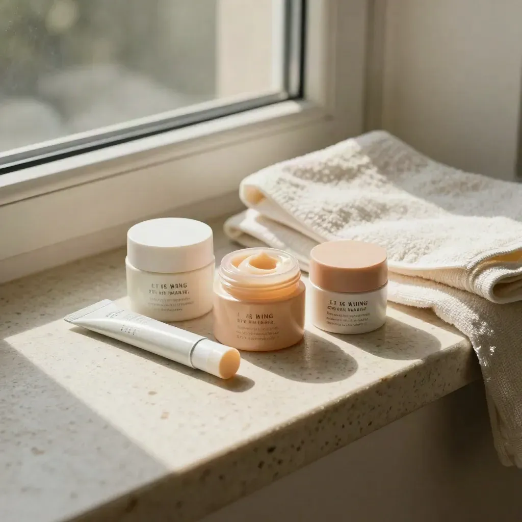 SPF creams, mineral stick, and linen towel on a travertine windowsill in morning sun