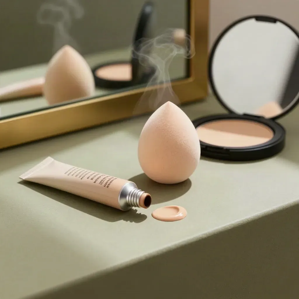 Concealer tube, sponge, and mirror on a steamy bathroom counter