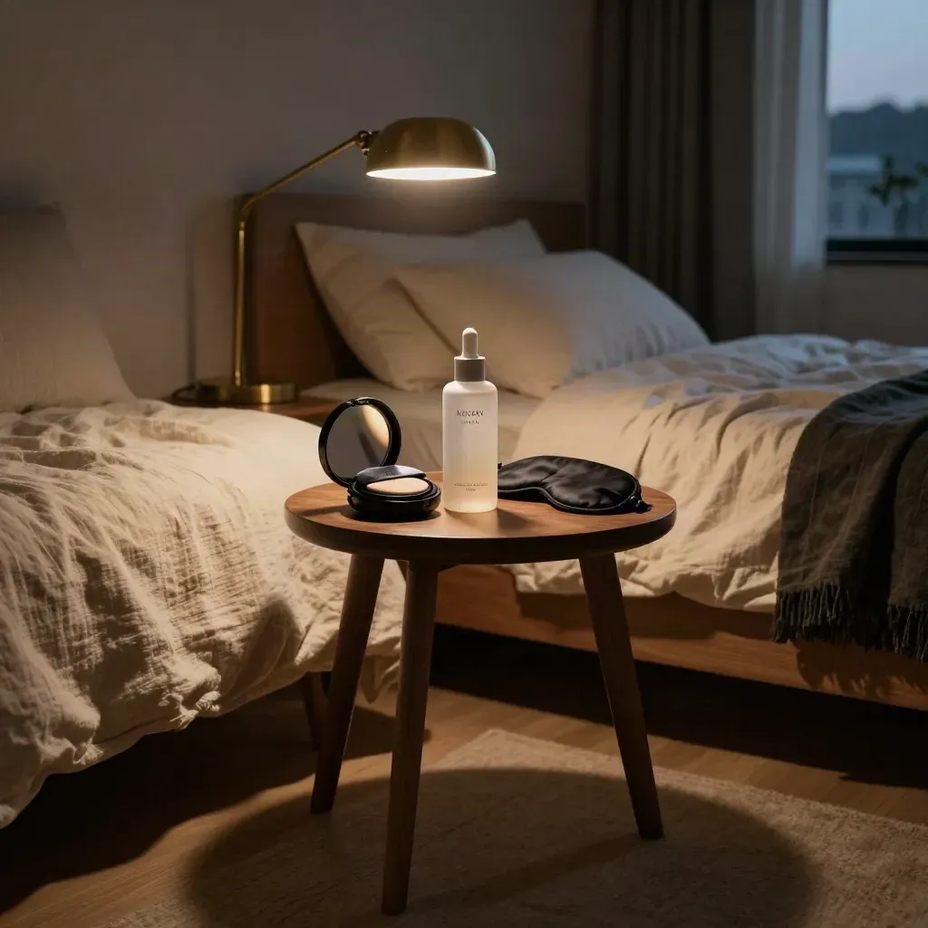 Essence bottle, cushion compact and sleeping mask on a Seoul bedroom side table at dusk.