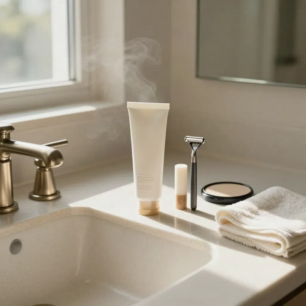Sunscreen tube, mineral stick, and compact on a travertine bathroom vanity in morning light.