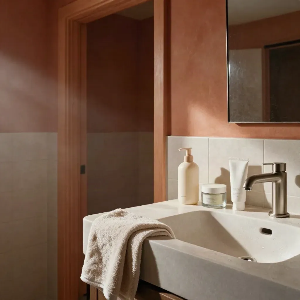 Morning skincare set by a sink with cleanser, moisturizer, SPF cream, towel, and moody side light