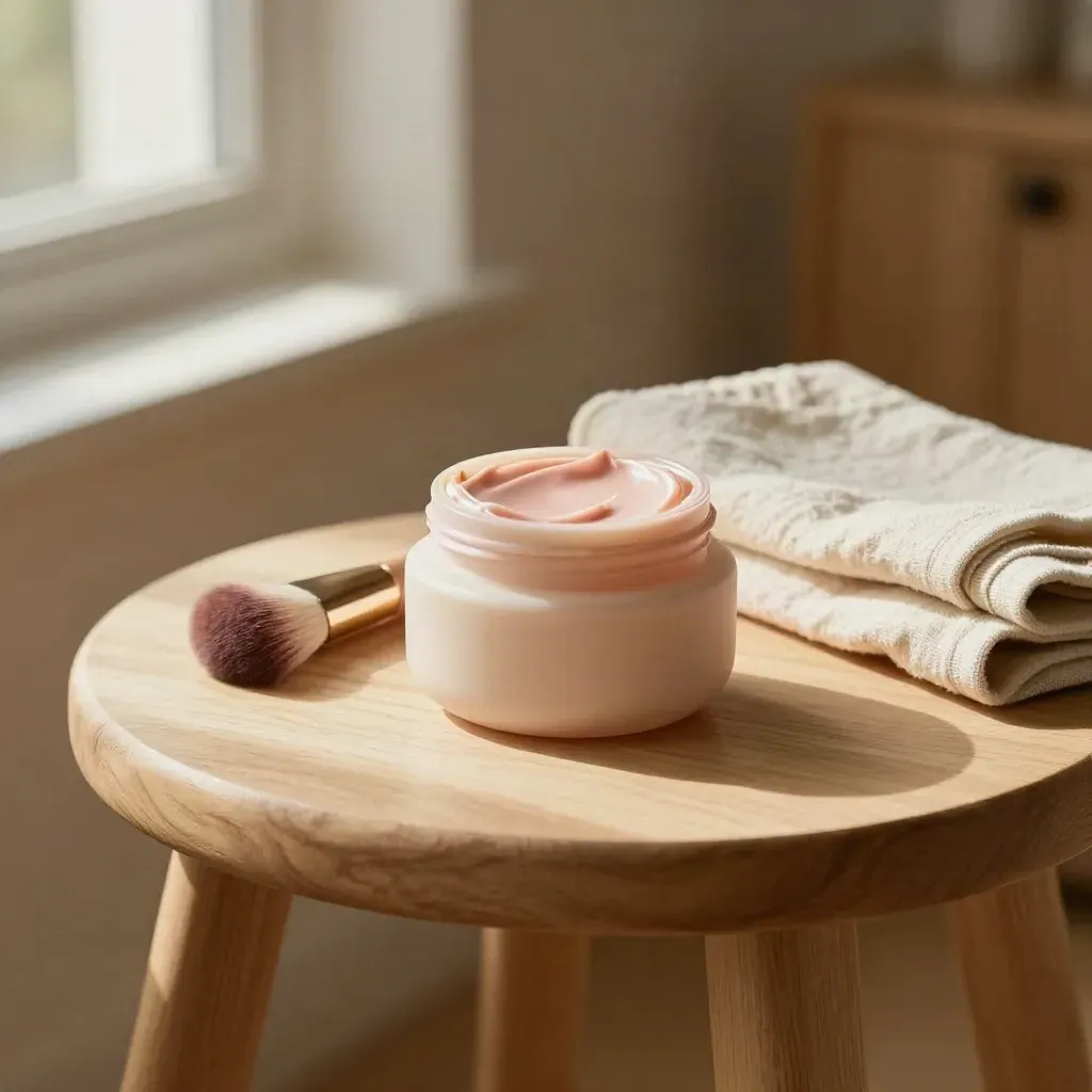 Cream blush pot with brush and linen towel on a pale wood stool in warm window light.