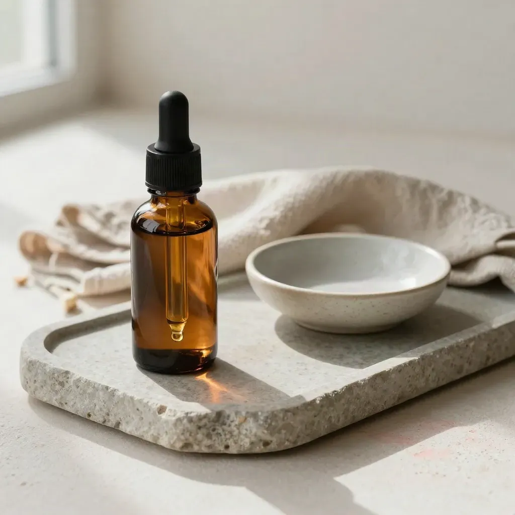Amber niacinamide serum dropper with linen on a stone tray under soft window light.