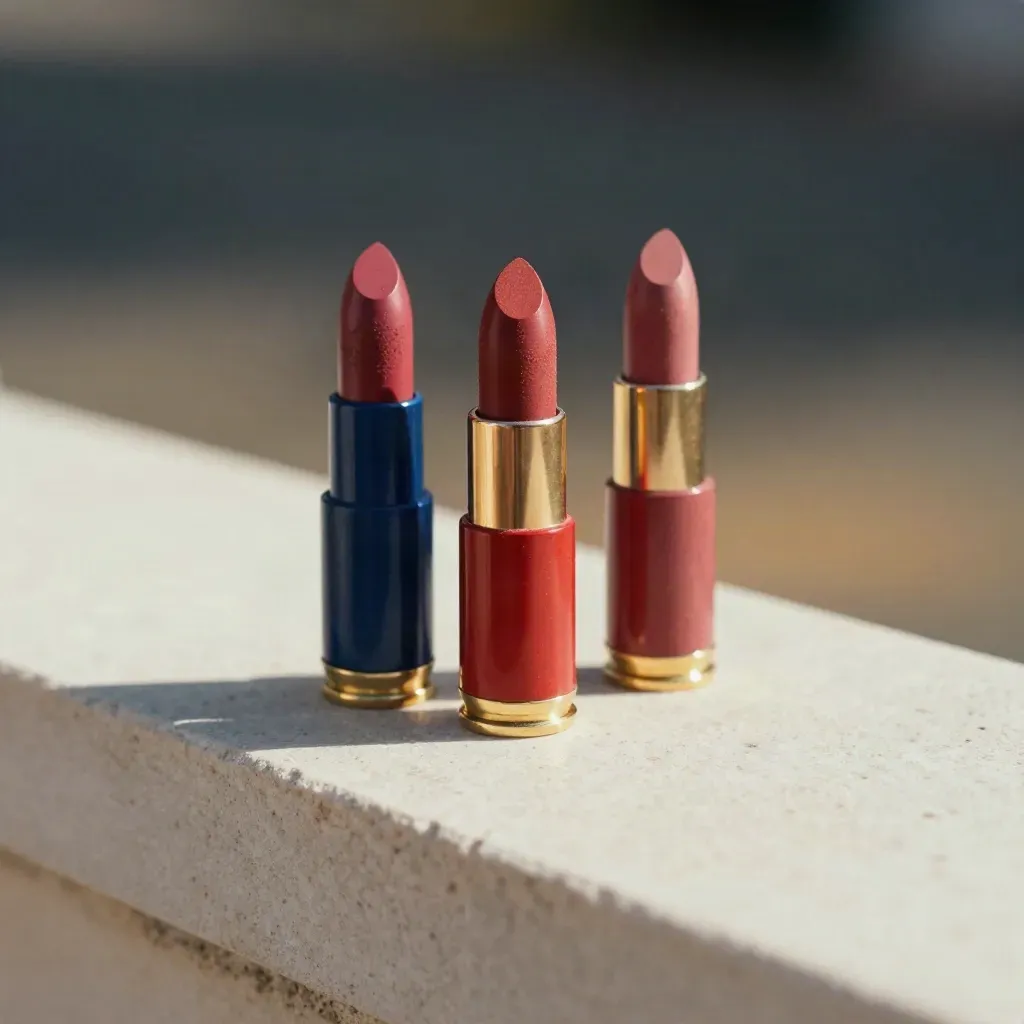 Three red lipstick bullets on limestone, shot low with warm editorial light.
