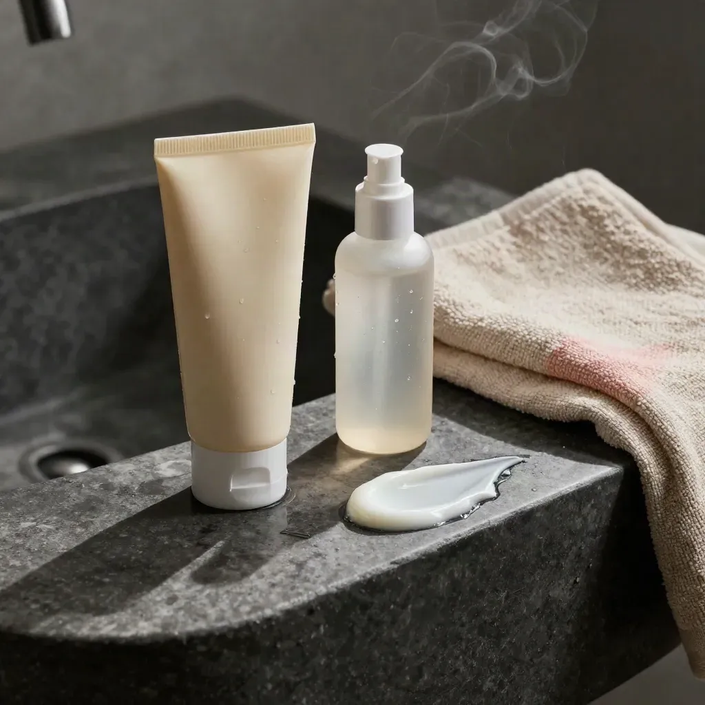 Bathroom sink skincare trio with cream, serum, balm, towel, and soft vapor