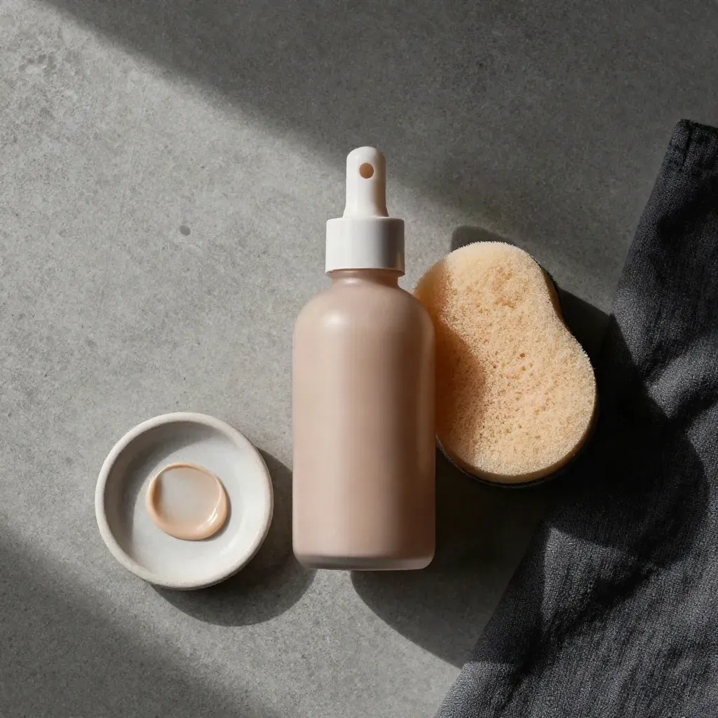 Overhead foundation bottle, sponge, and ceramic dish on concrete with soft daylight.