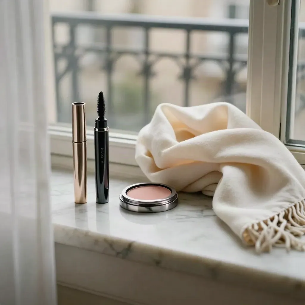 Compact, mascara, and cream blush on a marble windowsill beside an ivory scarf