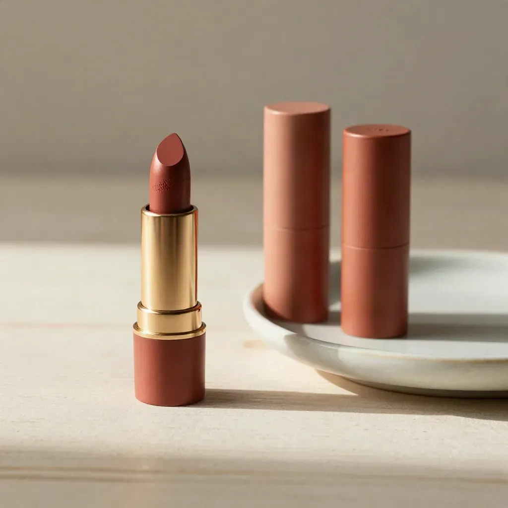 Lipstick bullet with warm caps and ceramic dish on pale wood in soft side light.