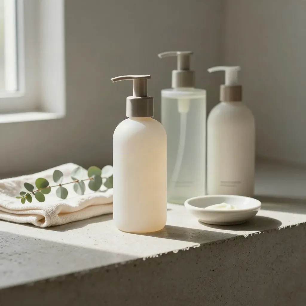 Moisturizer, cleanser, lotion, ivory cloth, and eucalyptus on a stone vanity shelf.