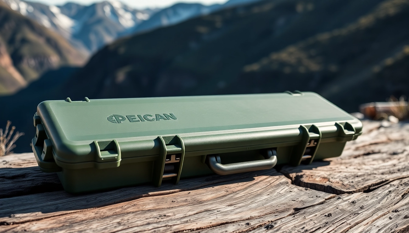 Secure pelican rifle case displayed in a scenic setting, emphasizing its protective features and durability.