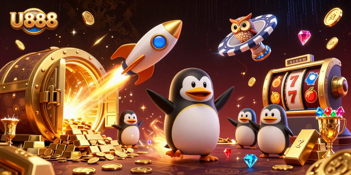 Experience U888’s thrilling adventure with a golden penguin and slot reels in a vibrant casino cosmos.