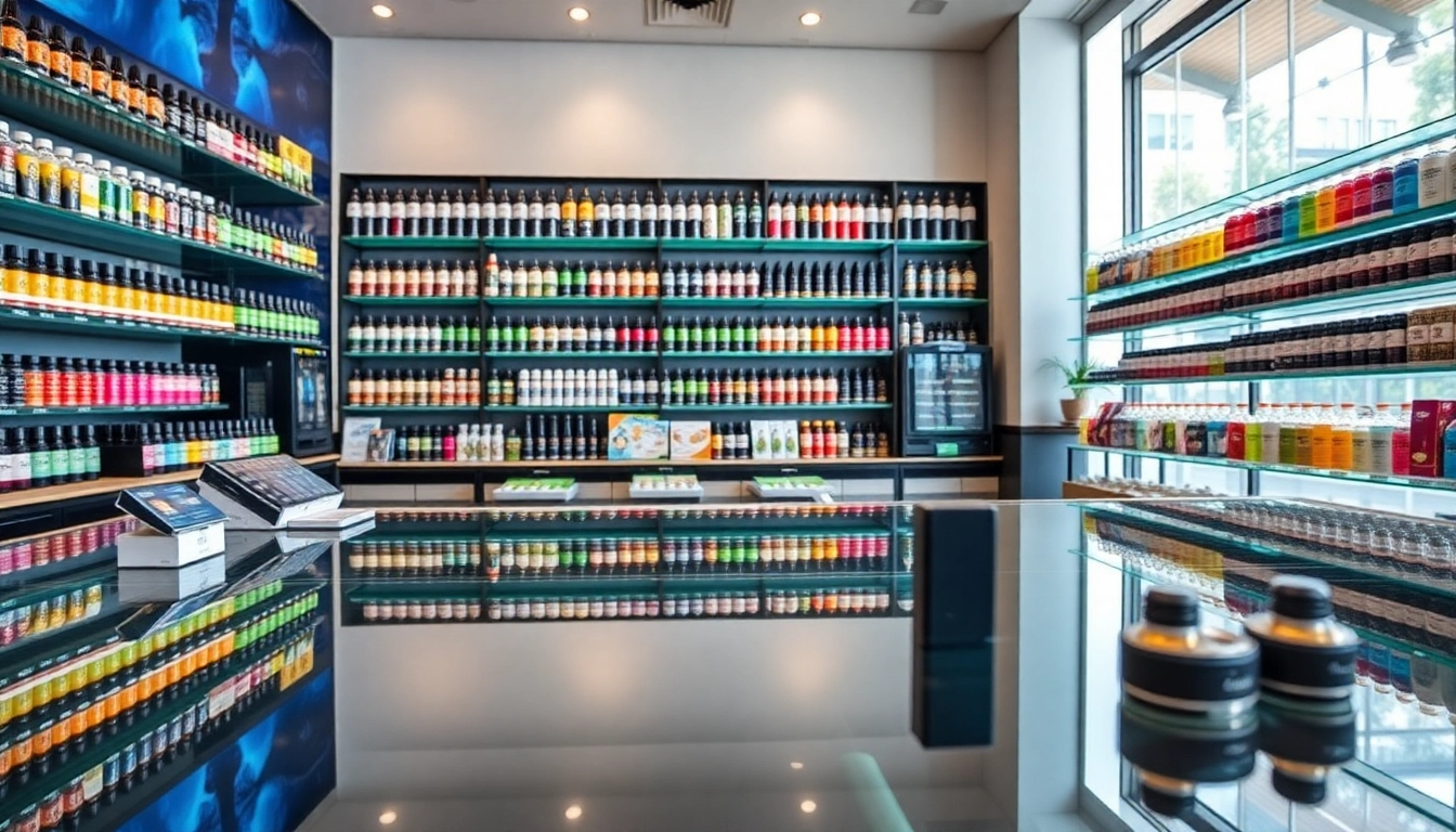 Showcase of vape juice depot products in a modern retail setting with a vibrant atmosphere.