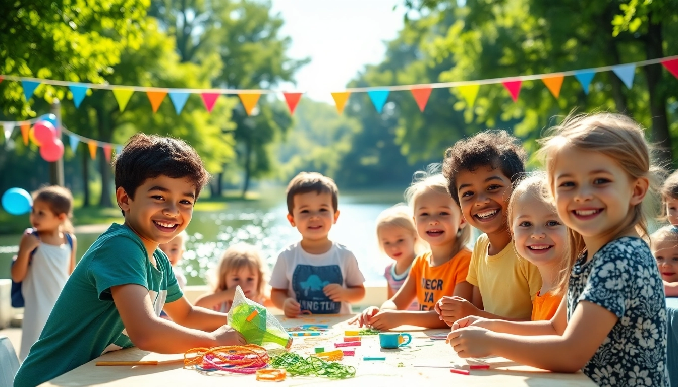 Children happily engaging in fun activities at a summer kids camp surrounded by nature.